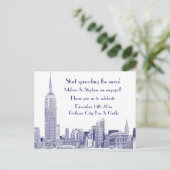NYC Skyline Etched 01 Engagement Party Blue Uitnodiging Briefkaart (Staand voorkant)