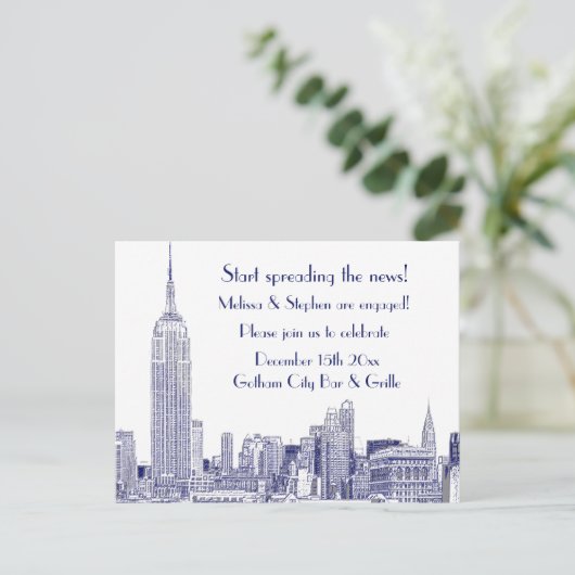 NYC Skyline Etched 01 Engagement Party Blue Uitnodiging Briefkaart (Staand voorkant)
