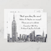 NYC Skyline Etched 01 Verlovingsfeest Uitnodiging Briefkaart (Voorkant / Achterkant)