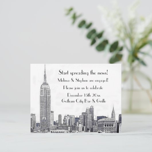 NYC Skyline Etched 01 Verlovingsfeest Uitnodiging Briefkaart (Staand voorkant)