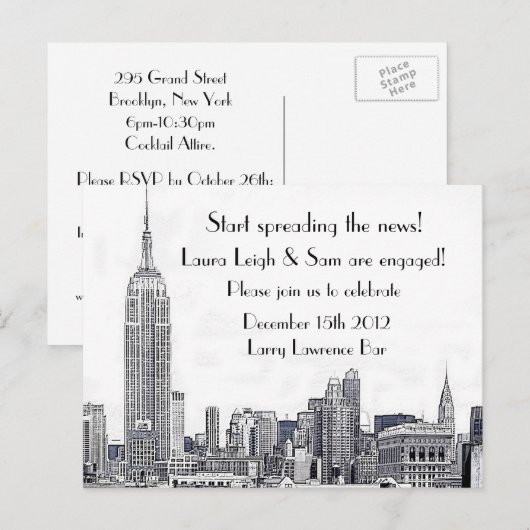 NYC Skyline Etched 01 Verlovingsfeest Uitnodiging Briefkaart (Voorkant / Achterkant)