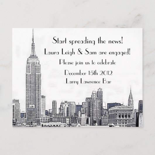 NYC Skyline Etched 01 Verlovingsfeest Uitnodiging Briefkaart (Voorkant)