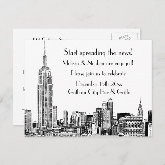 NYC Skyline Etched 01 Verlovingsfeest Uitnodiging Briefkaart (Voorkant / Achterkant)