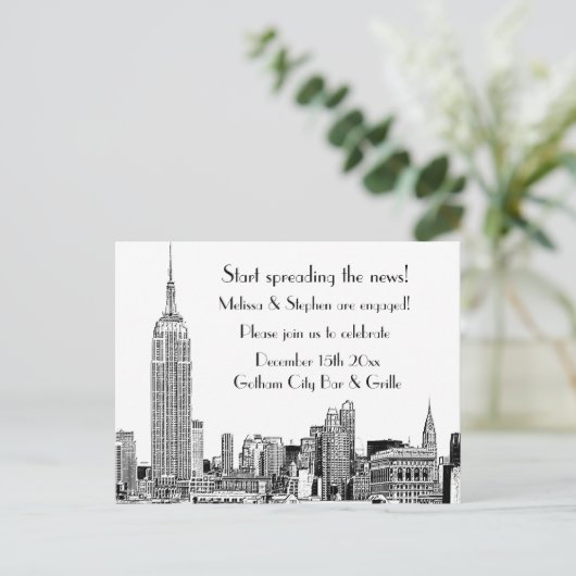 NYC Skyline Etched 01 Verlovingsfeest Uitnodiging Briefkaart (Staand voorkant)