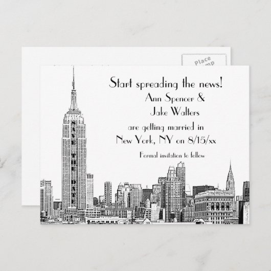 NYC Skyline Etched 01B sparen de Datum Aankondigingskaart (Voorkant / Achterkant)