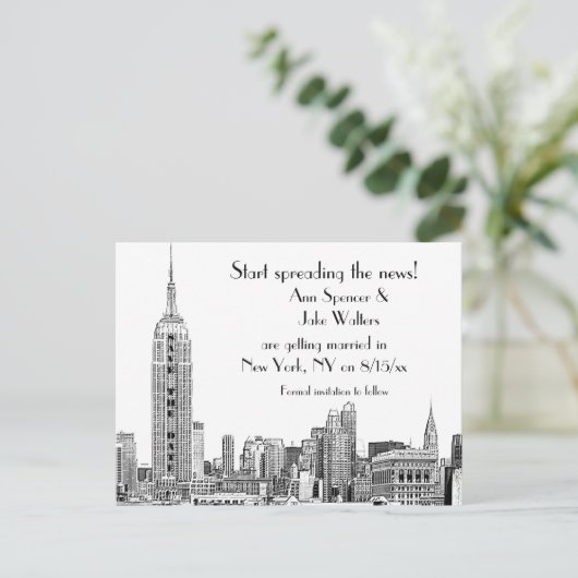 NYC Skyline Etched 01B sparen de Datum Aankondigingskaart (Staand voorkant)