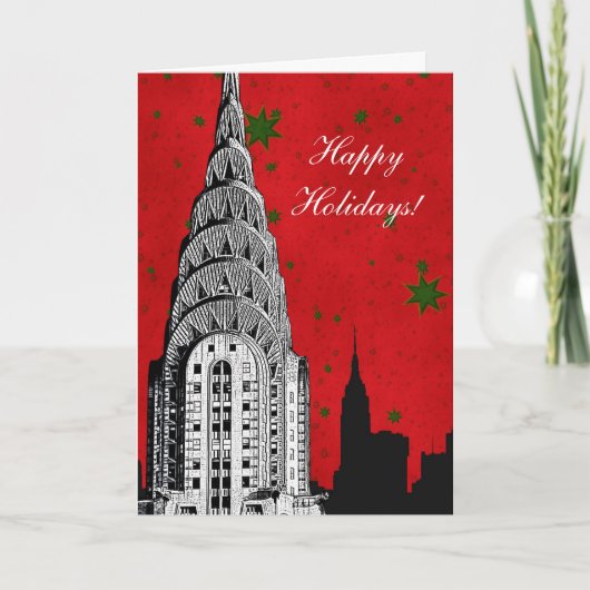 NYC Skyline Etched Chrysler Bldg Kerstfeestdag Feestdagen Kaart (Voorkant)