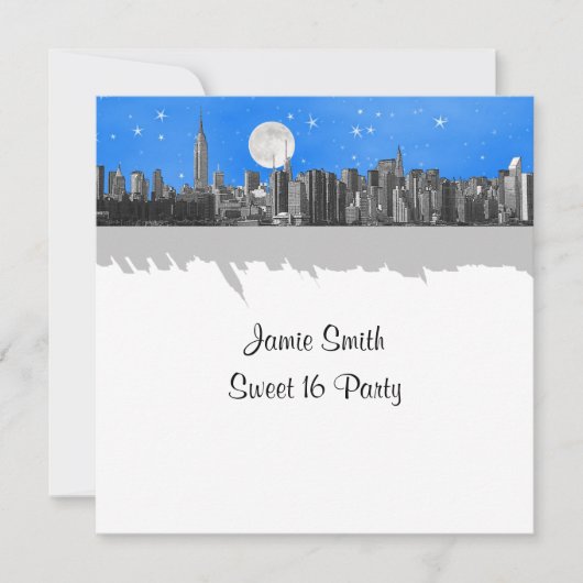 NYC Skyline Etched look Moon Lt Blue 2 Sweet 16 SQ Kaart (Voorkant)