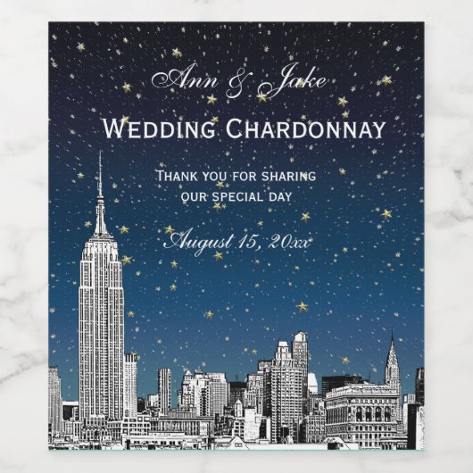 NYC Skyline Etched Starry Blue Gradient BG Wijn Etiket (Enkel label)