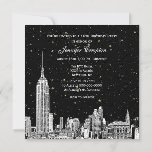 NYC Skyline Etched Starry DIY BG Color SQ Sweet 16 Kaart
