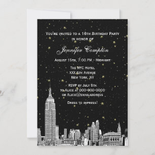 NYC Skyline Etched Starry DIY BG Color SQ Sweet 16 Kaart