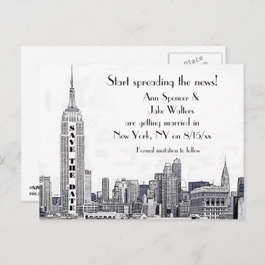 NYC Skyline geëtched 01 sparen de Datum Aankondigingskaart (Voorkant / Achterkant)
