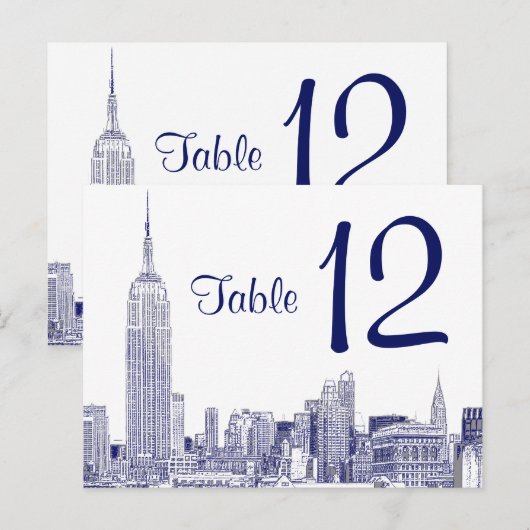 NYC skyline geëtst 01 tafel nummer blauw Briefkaart (Voorkant / Achterkant)