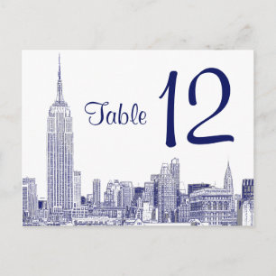 NYC skyline geëtst 01 tafel nummer blauw Briefkaart
