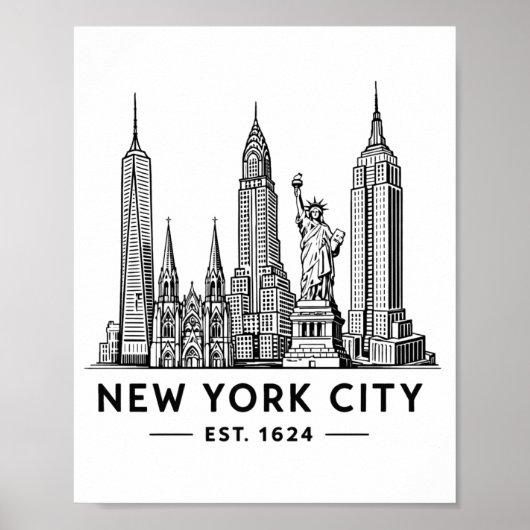 NYC Skyline Illustration with Statue of Liberty Poster (Voorkant)