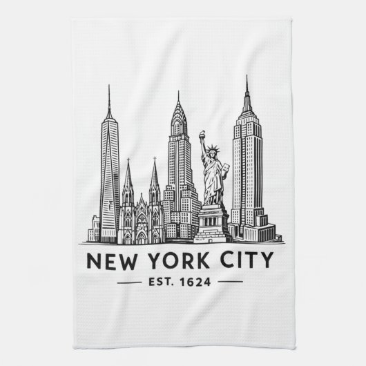 NYC Skyline Illustration with Statue of Liberty Theedoek (Verticaal)