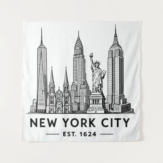 NYC Skyline Illustration with Statue of Liberty Wandkleed (Voorkant)