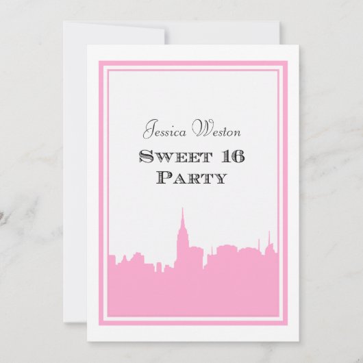 NYC Skyline Pink Silhouette #2 DIY Sweet 16 Kaart (Voorkant)