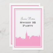 NYC Skyline Pink Silhouette #2 DIY Sweet 16 Kaart (Voorkant / Achterkant)