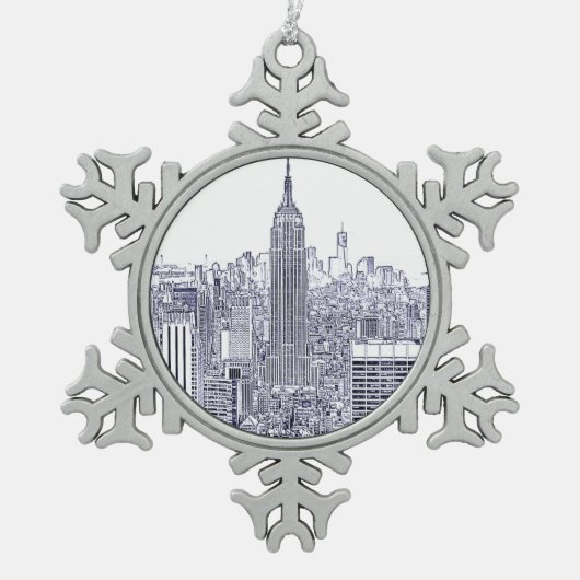 NYC Skyline, Rond Lijst Tin Sneeuwvlok Ornament (Voorkant)