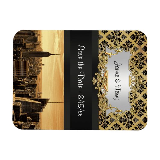NYC Skyline Sepia B5 Blk Rib Damask Save the Date Magneet (Horizontaal)