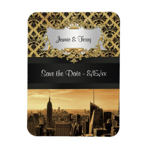 NYC Skyline Sepia B5 Blk Rib Damask Save the Date Magneet