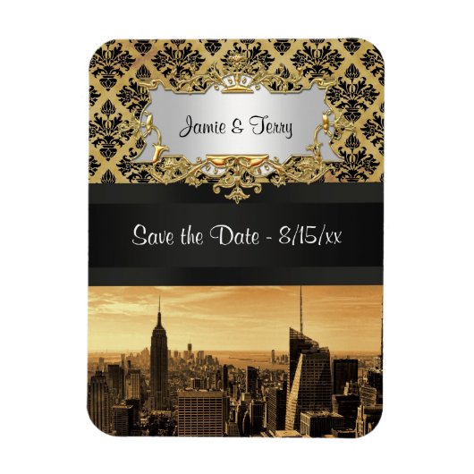 NYC Skyline Sepia B5 Blk Rib Damask Save the Date Magneet (Verticaal)