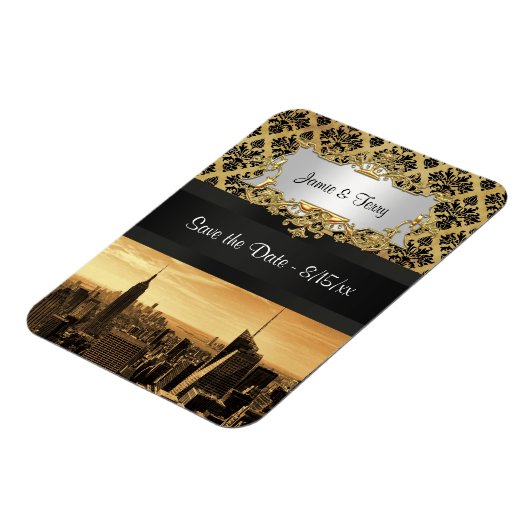 NYC Skyline Sepia B5 Blk Rib Damask Save the Date Magneet (Linkerzijde)