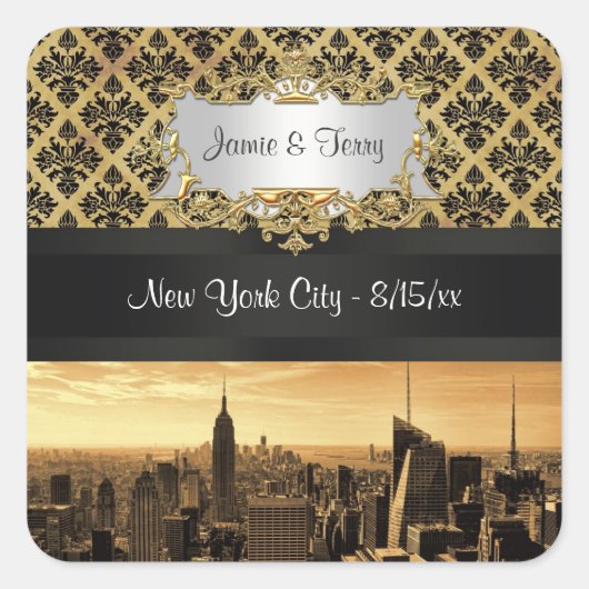 NYC Skyline Sepia B5 Blk Rib Damask Stickers (Voorkant)