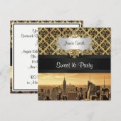 NYC Skyline Sepia B5 Blk Rib Damask Sweet 16 Invit Kaart (Voorkant / Achterkant)