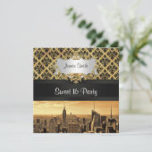 NYC Skyline Sepia B5 Blk Rib Damask Sweet 16 Invit Kaart (Staand voorkant)