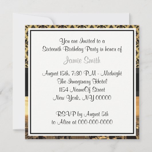 NYC Skyline Sepia B5 Blk Rib Damask Sweet 16 Invit Kaart (Achterkant)