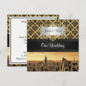 NYC Skyline Sepia B5 Blk Rib Damask Wedding Invite Kaart (Voorkant / Achterkant)