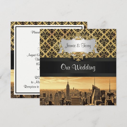 NYC Skyline Sepia B5 Blk Rib Damask Wedding Invite Kaart (Voorkant / Achterkant)