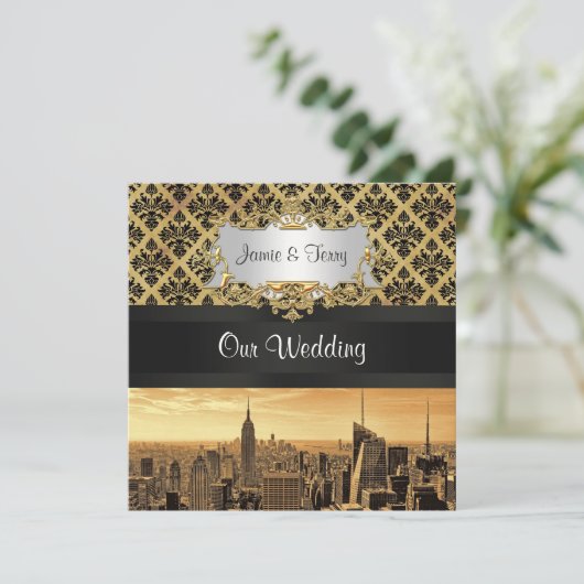 NYC Skyline Sepia B5 Blk Rib Damask Wedding Invite Kaart (Staand voorkant)
