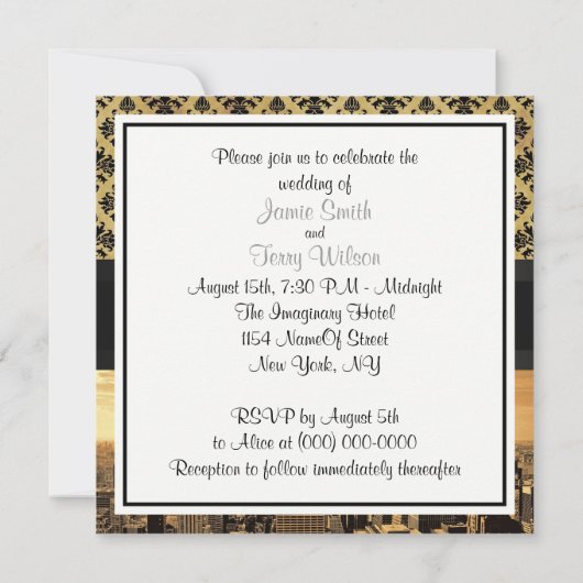 NYC Skyline Sepia B5 Blk Rib Damask Wedding Invite Kaart (Achterkant)