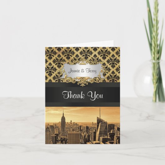 NYC Skyline Sepia B5 Zwarte Rib Damast Bedankkaart (Voorkant)