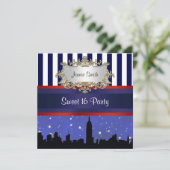 NYC Skyline Sil Blue Sky2 Blue Wht Streep Sweet 16 Kaart (Staand voorkant)