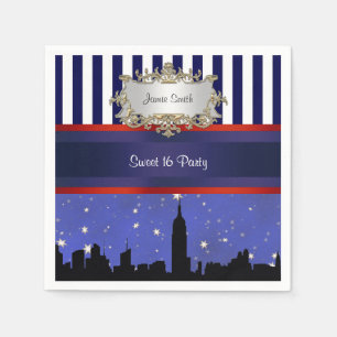 NYC Skyline Sil Blue Sky2 Blue Wht Strp Sweet 16 Servetten