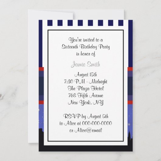 NYC Skyline SIL Blue Sky2 Blue Wht Strp Sweet 16 V Kaart (Achterkant)