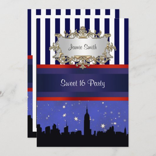 NYC Skyline SIL Blue Sky2 Blue Wht Strp Sweet 16 V Kaart (Voorkant / Achterkant)