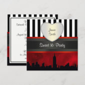 NYC Skyline Sil Red Sky Blk Wht Stripe H Sweet 16 Kaart (Voorkant / Achterkant)