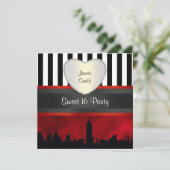 NYC Skyline Sil Red Sky Blk Wht Stripe H Sweet 16 Kaart (Staand voorkant)