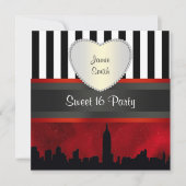 NYC Skyline Sil Red Sky Blk Wht Stripe H Sweet 16 Kaart (Voorkant)