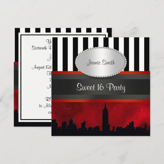 NYC Skyline Sil Red Sky Blk Wht Stripe P Sweet 16 Kaart (Voorkant / Achterkant)