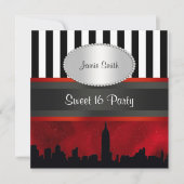 NYC Skyline Sil Red Sky Blk Wht Stripe P Sweet 16 Kaart (Voorkant)