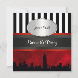 NYC Skyline Sil Red Sky Blk Wht Stripe P Sweet 16 Kaart