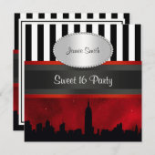 NYC Skyline Sil Red Sky Blk Wht Stripe P Sweet 16 Kaart (Voorkant / Achterkant)