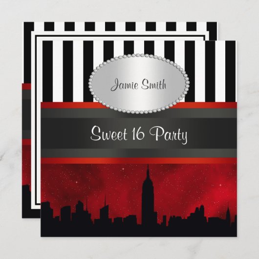 NYC Skyline Sil Red Sky Blk Wht Stripe P Sweet 16 Kaart (Voorkant / Achterkant)