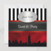NYC Skyline Sil Red Sky Blk Wht Stripe P Sweet 16 Kaart (Voorkant)